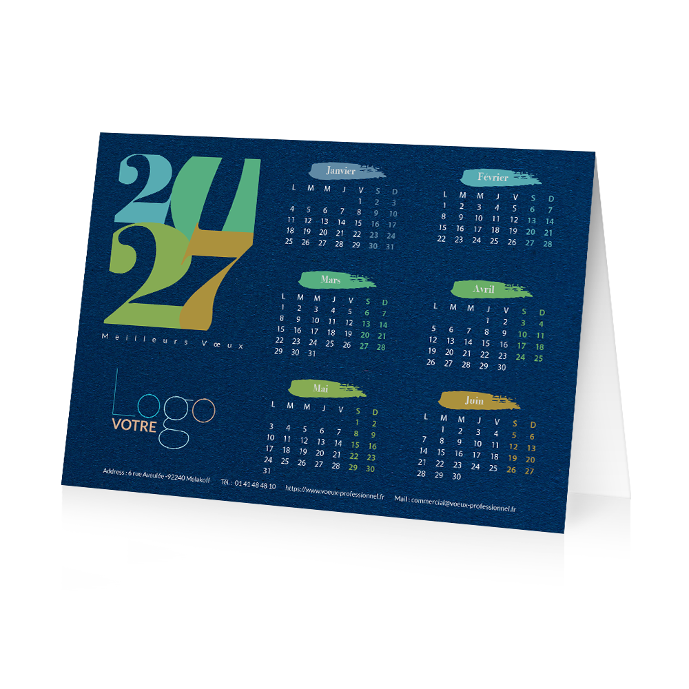Carte calendrier 2026 Bleue