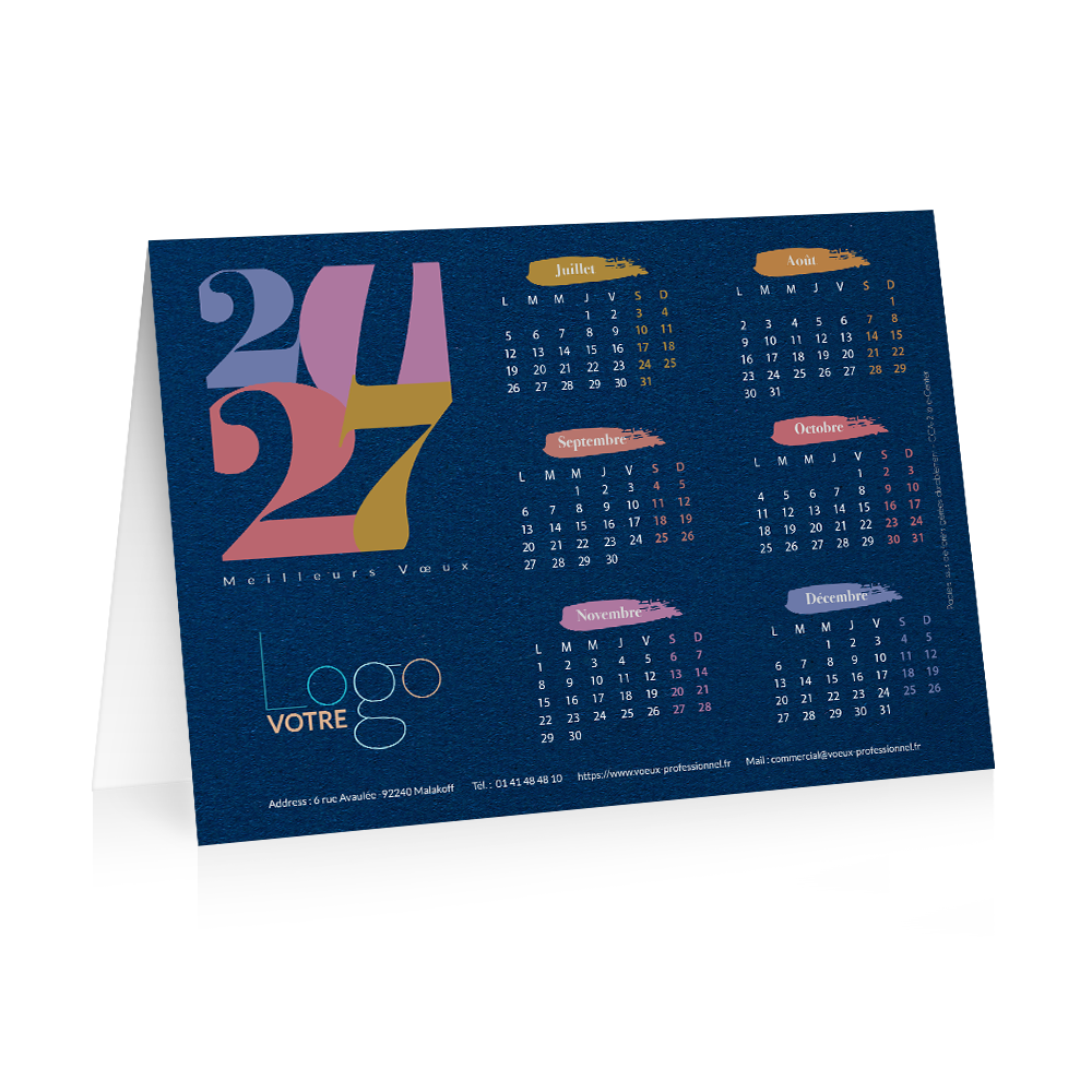 Carte calendrier 2026 Bleue